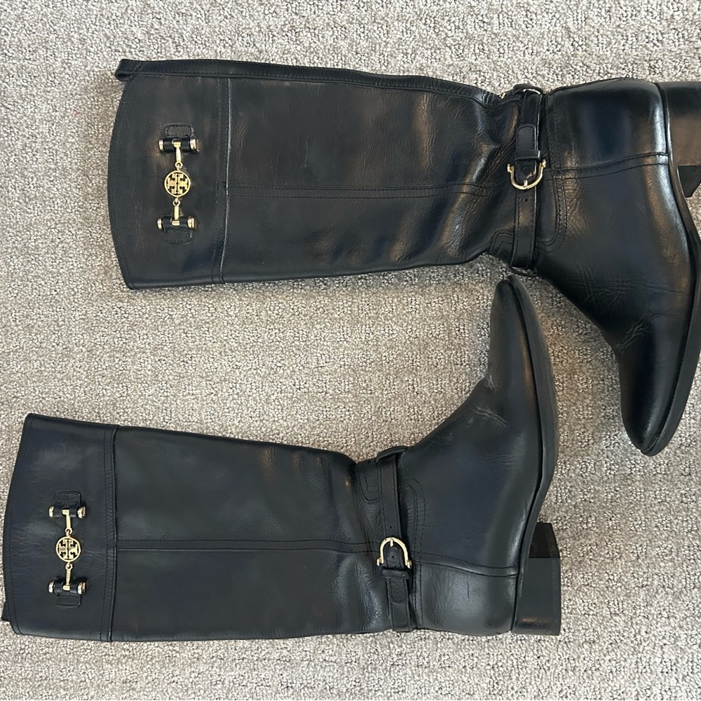 Tory Burch Black Leather Boots with Gold Details